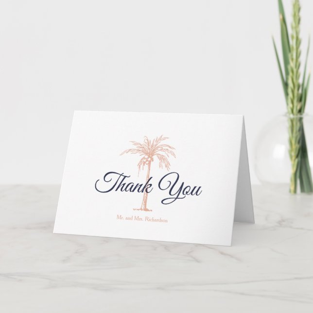 Navy Blue Rose Gold Copper Palm Tree Wedding Photo Thank You Card (Front)