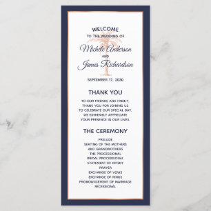 Navy Blue Rose Gold Copper Palm Tree Wedding Programme