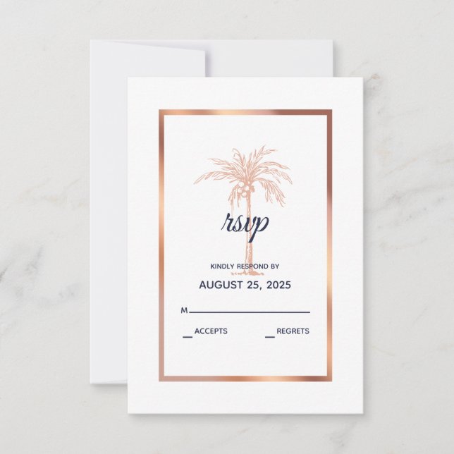 Navy Blue Rose Gold Copper Palm Tree Wedding RSVP Card (Front)