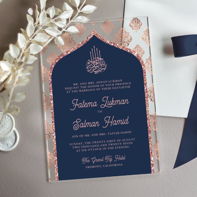 Navy Blue Rose Gold Damask Arch Muslim Wedding Acrylic Invitations (Creator Uploaded)