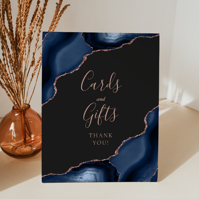 Navy Blue Rose Gold Dark Wedding Cards and Gifts Pedestal Sign (Creator Uploaded)