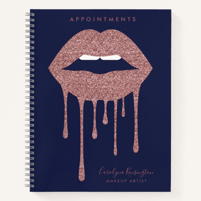 Navy Blue Rose Gold Dripping Glitter Lips Makeup Notebook (Front)