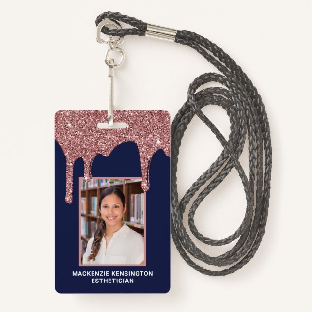 Navy Blue Rose Gold Dripping Glitter Photo ID Badge (Front with Lanyard)