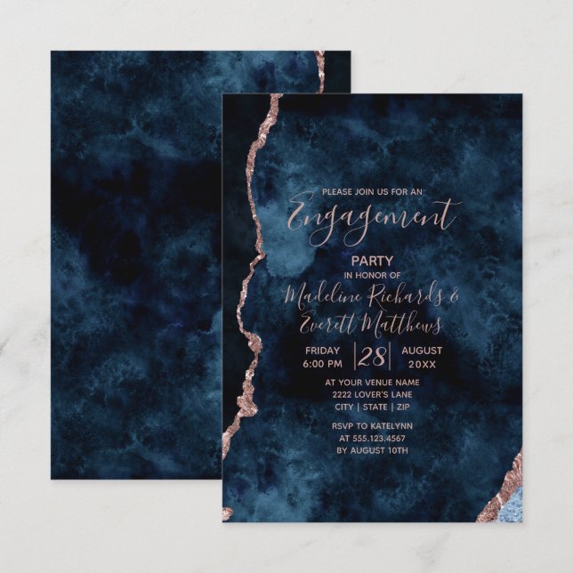 Navy Blue Rose Gold Engagement Party Invitation (Front/Back)