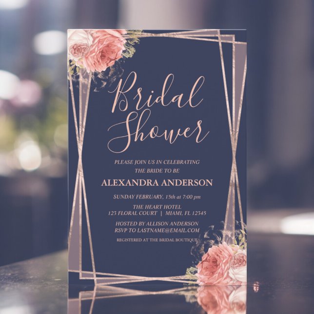 Navy Blue Rose Gold Floral Bridal Shower Invitation (Creator Uploaded)