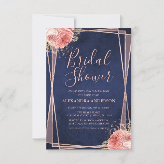 Navy Blue Rose Gold Floral Bridal Shower Invitation (Front)
