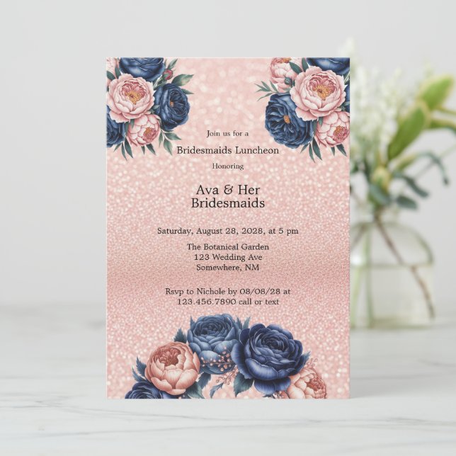 Navy Blue & Rose Gold Floral Bridesmaids Luncheon Invitation (Standing Front)