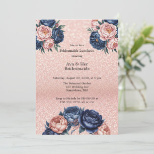 Navy Blue & Rose Gold Floral Bridesmaids Luncheon Invitation