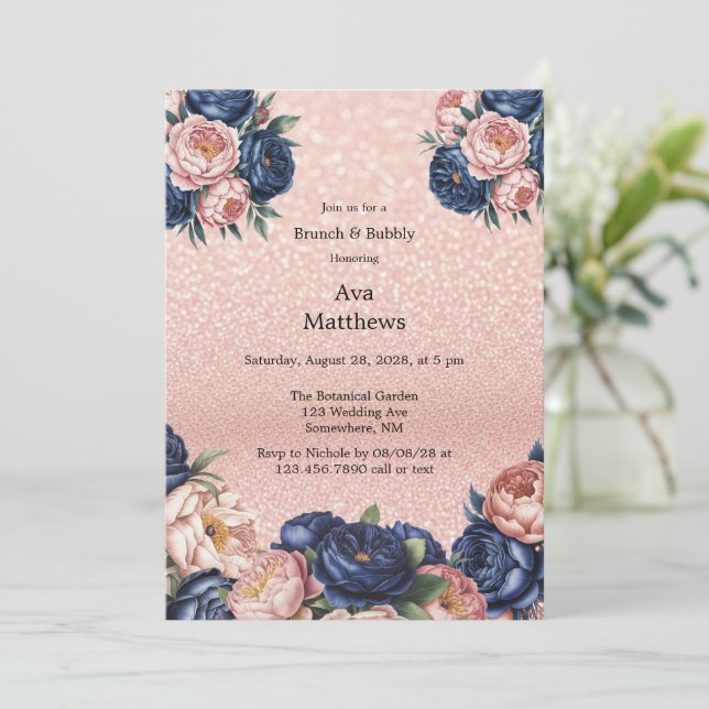 Navy Blue & Rose Gold Floral Brunch and Bubbly Invitation (Standing Front)