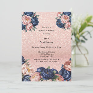 Navy Blue & Rose Gold Floral Brunch and Bubbly Invitation