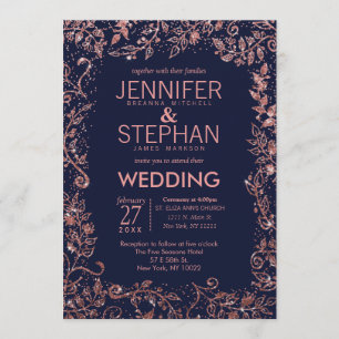Navy Blue Rose Gold Floral Glitter Wedding Invitation