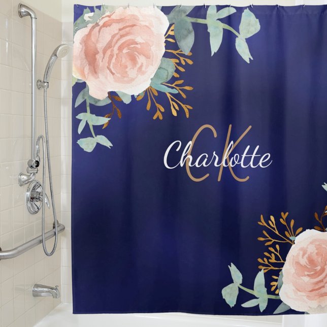 Navy blue rose gold floral greenery monogram name shower curtain (Creator Uploaded)