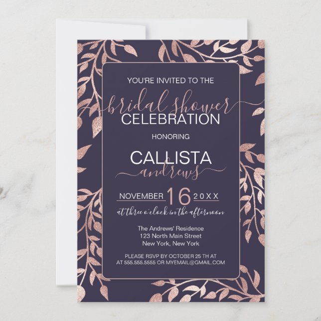 Navy Blue Rose Gold Floral Leaves Bridal Shower Invitation (Front)