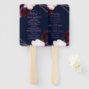 Navy Blue Rose Gold Floral Modern Glam Wedding Hand Fan