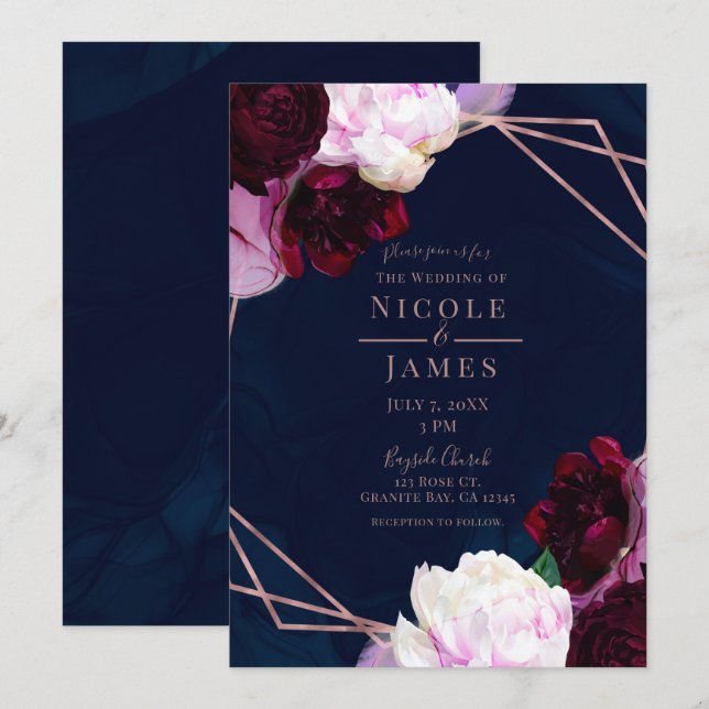 Navy Blue Rose Gold Floral Modern Glam Wedding Invitation (Front/Back)