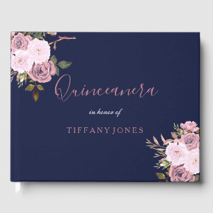 Navy Blue & Rose Gold Floral Quinceanera Guestbook