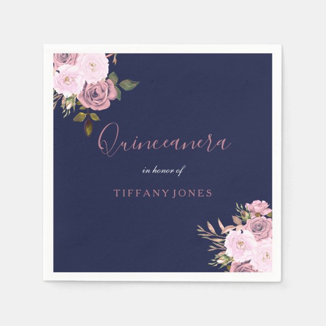 Navy Blue & Rose Gold Floral Quinceanera Party Napkin (Front)