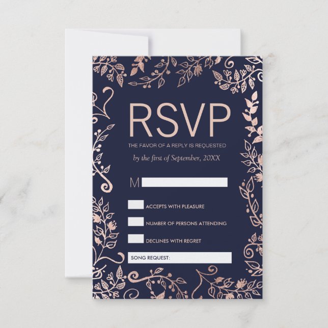 Navy Blue Rose Gold Floral RSVP and Song Request Card (Front)
