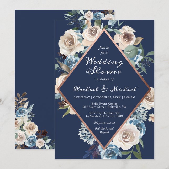 Navy Blue Rose Gold Floral Wedding Couples Shower Invitation (Front/Back)