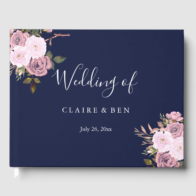 Navy Blue & Rose Gold Floral Wedding Guestbook (Front)