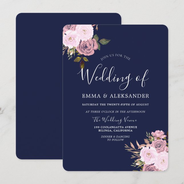 Navy Blue & Rose Gold Floral Wedding Invitation (Front/Back)
