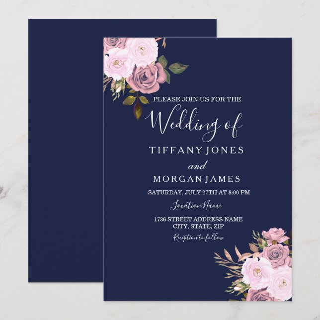 Navy Blue & Rose Gold Floral Wedding Invite (Front/Back)