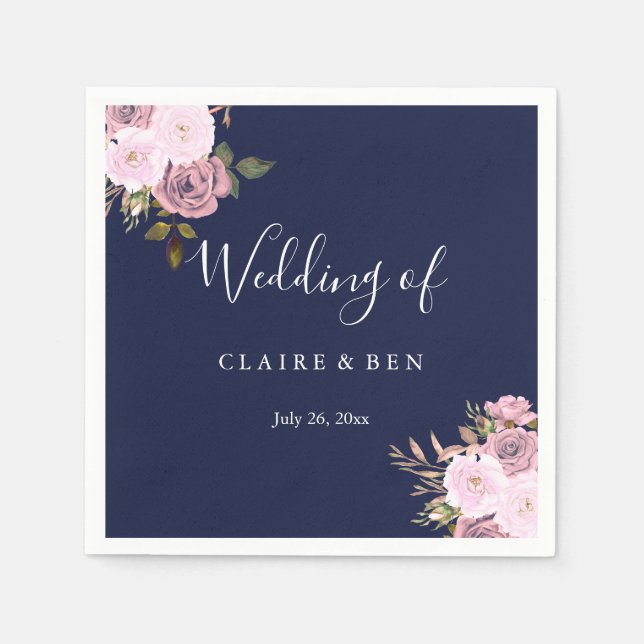 Navy Blue & Rose Gold Floral Wedding Reception Napkin (Front)