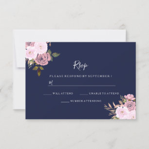 Navy Blue & Rose Gold Floral Wedding RSVP