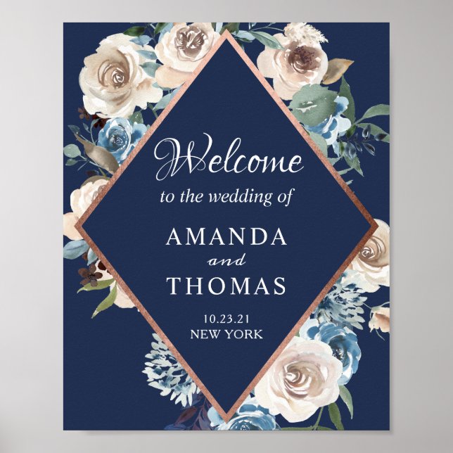 Navy Blue Rose Gold Floral Wedding Welcome Sign (Front)