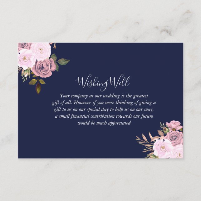 Navy Blue & Rose Gold Floral Wedding Wishing Well Enclosure Card (Front)