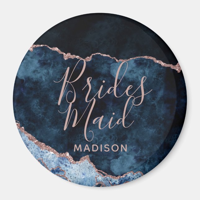 Navy Blue & Rose Gold Foil Agate Marble Bridesmaid Magnet (Front)
