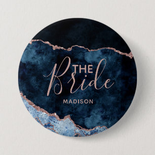Navy Blue & Rose Gold Foil Agate Marble the Bride 7.5 Cm Round Badge