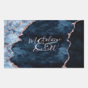 Navy Blue Rose Gold Foil Agate Monogram Wedding Rectangular Sticker