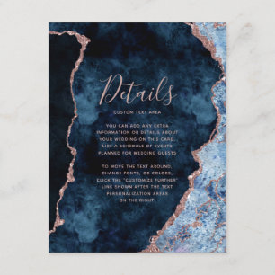 Navy Blue Rose Gold Foil Agate Wedding Details Enclosure Card