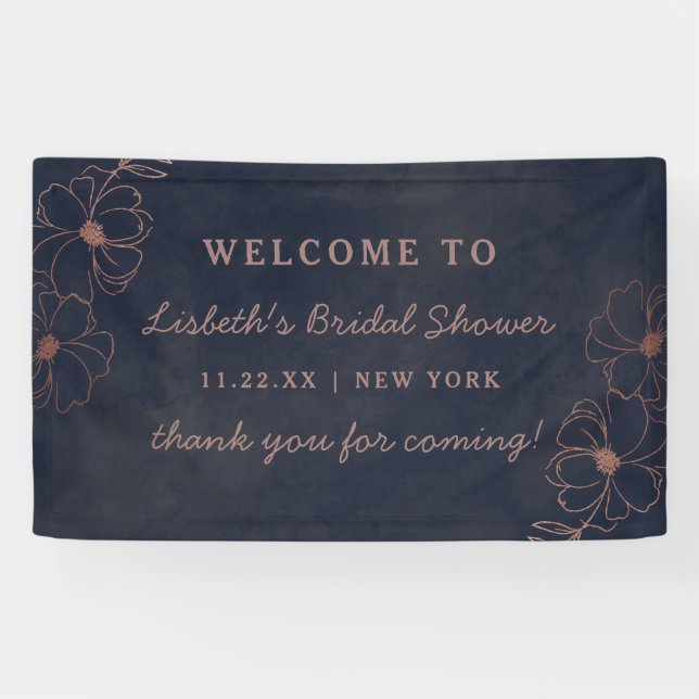 Navy Blue & Rose Gold Foil Bridal Shower Welcome Banner (Horizontal)