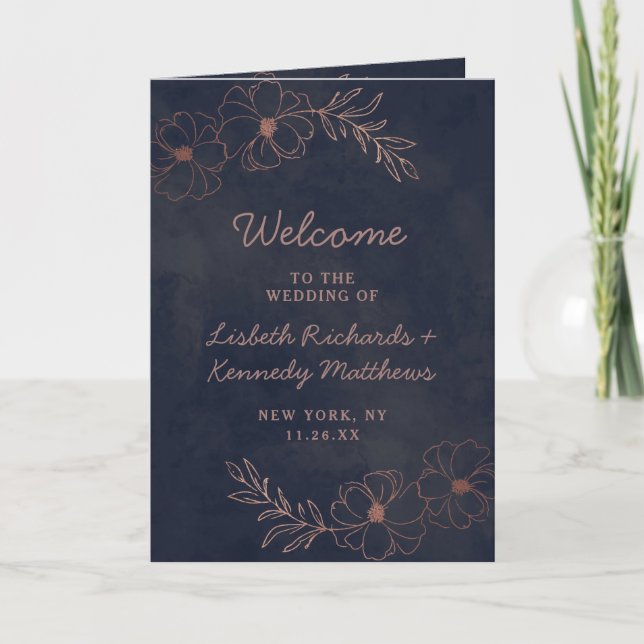 Navy Blue & Rose Gold Foil Chic Wedding Ceremony Programme (Front)