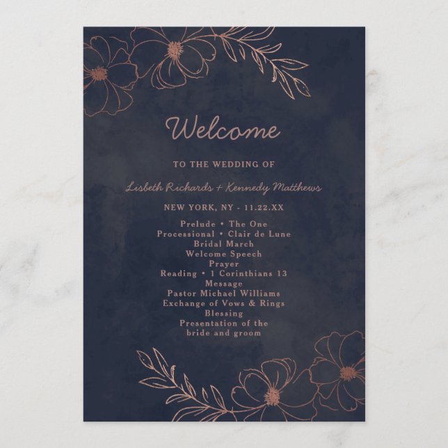 Navy Blue & Rose Gold Foil Chic Wedding Ceremony Programme (Front)