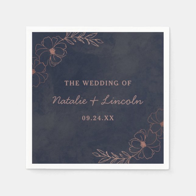 Navy Blue & Rose Gold Foil Chic Wedding Monogram Napkin (Front)