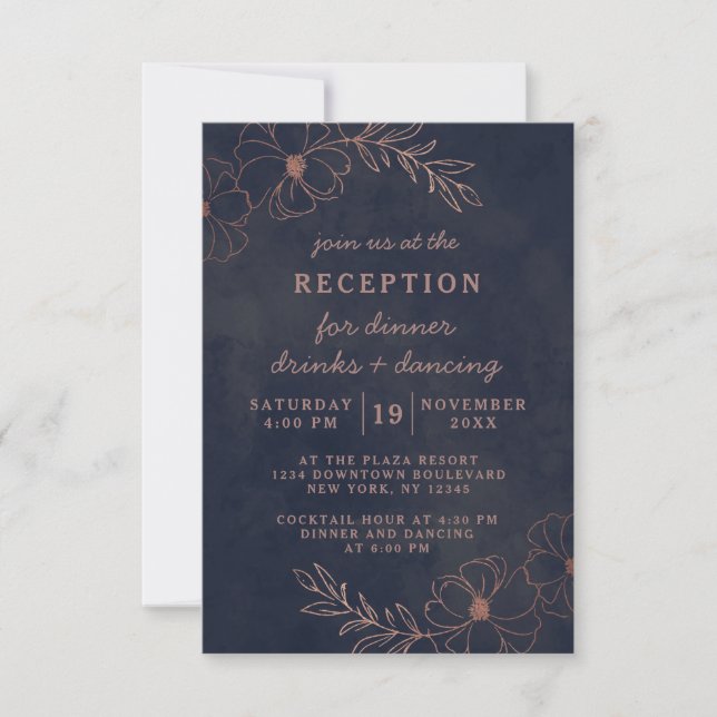 Navy Blue & Rose Gold Foil Chic Wedding Reception Invitation (Front)