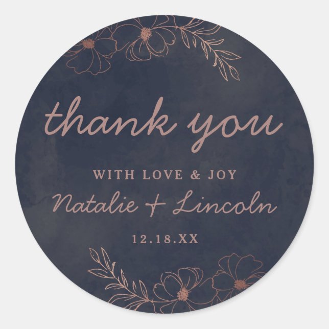 Navy Blue & Rose Gold Foil Chic Wedding Thank You Classic Round Sticker (Front)