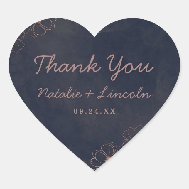 Navy Blue & Rose Gold Foil Chic Wedding Thank You Heart Sticker (Front)