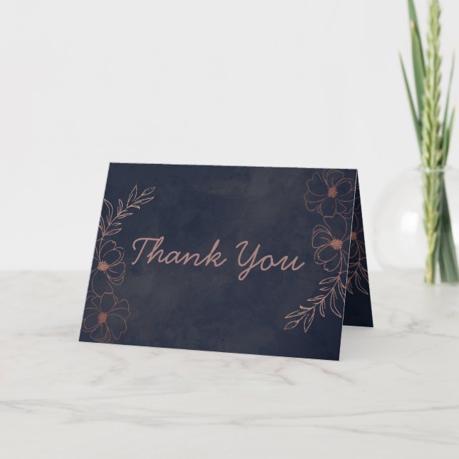 Navy Blue & Rose Gold Foil Custom Wedding Photo Thank You Card (Front)