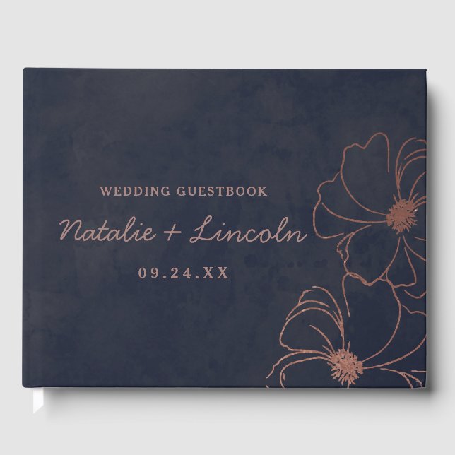Navy Blue & Rose Gold Foil Floral Border Wedding Guest Book (Front)