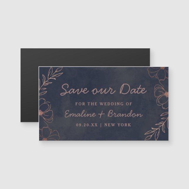 Navy Blue & Rose Gold Foil Floral Save our Date (Front/Back)