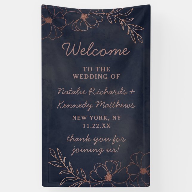 Navy Blue & Rose Gold Foil Floral Wedding Welcome Banner (Vertical)