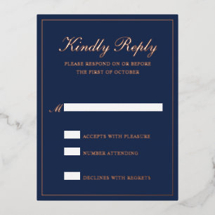 Navy Blue Rose Gold Foil Formal Wedding RSVP Card