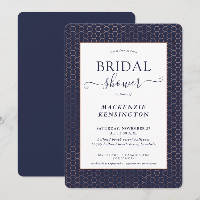 Navy Blue Rose Gold Foil Geometric Bridal Shower Invitation (Front/Back)
