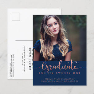 Navy Blue Rose Gold Foil Graduation Script Photo Announcement Postcard