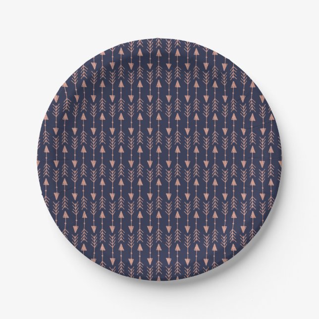 Navy Blue Rose Gold Foil Hipster Tribal Arrows Paper Plate (Front)
