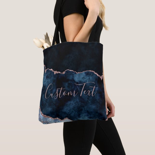 Navy Blue Rose Gold Foil Marble Agate Custom Text Tote Bag (Close Up)